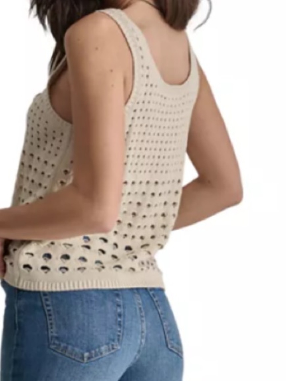 DKNY Cream Cotton Open knit eyelet lightweight coastal Festival Sweater Tank L - Picture 2 of 9
